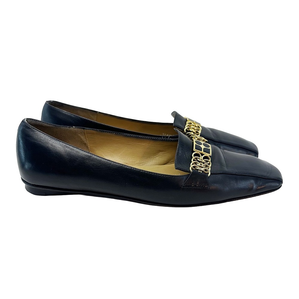 KATE SPADE Leather Square Toe Loafers w/ Chain Detail • 7 •‎ black, gold